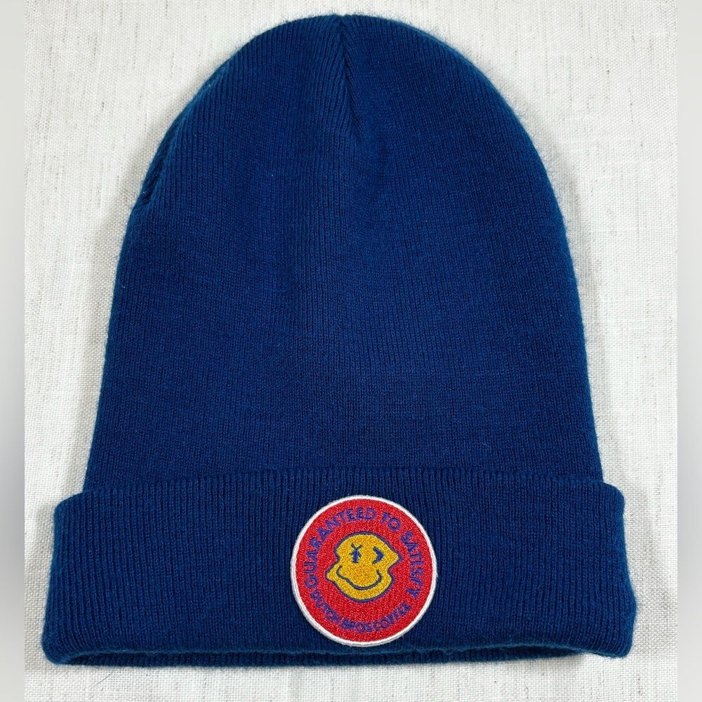 Dutch Bros Coffee Beanie Blue Knit Hat Smiley Patch Guaranteed to Satisfy
